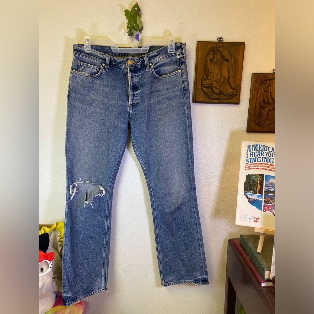 Goldsign Jeans 90s Stone Wash Button Fly Distressed Straight Leg Sz 29 34Wx30L